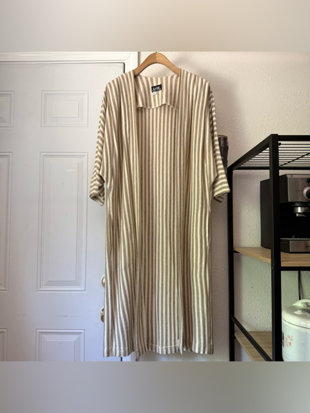 SYBIL‎ vintage tan off white striped knit open front long line duster cardigan